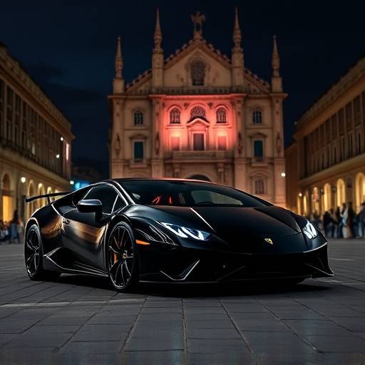 Black Lamborghini Huracan Evo parked under the Milan night sky