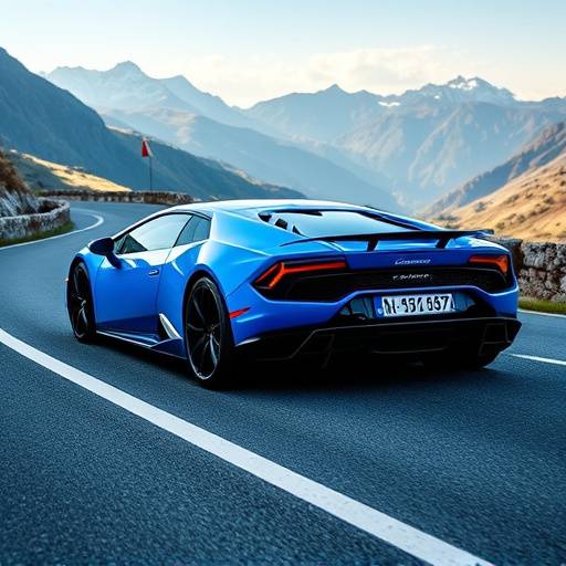 Blue Lamborghini Huracan Evo parked on a winding road in the Italian Alps