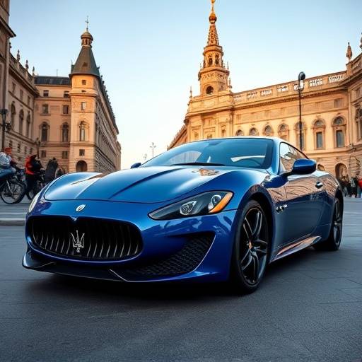 Blue Maserati GranTurismo parked near the Duomo in Milan