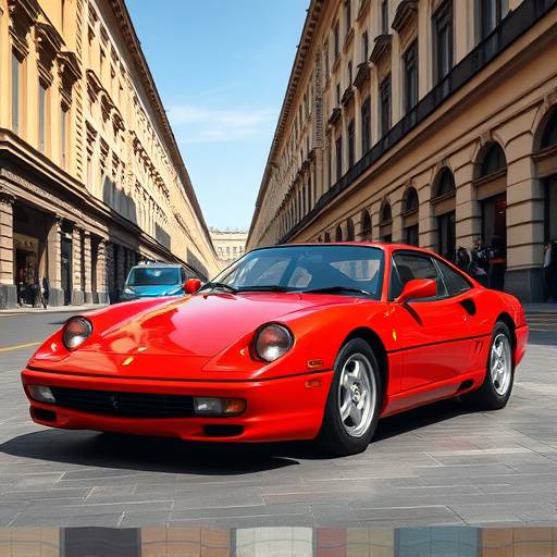 Front view of the 2023 Ferrari 296 GTB in Rosso Corsa parked in front of the Galleria Vittorio Emanuele II in Milan