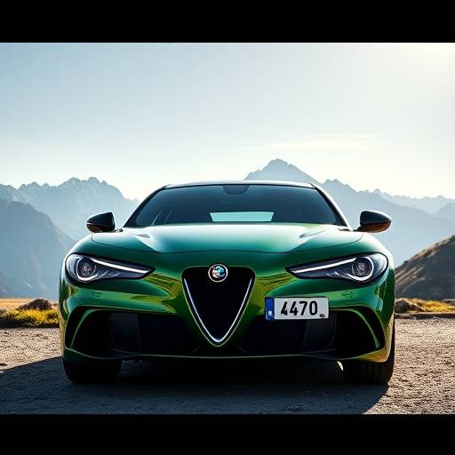 Green Alfa Romeo Stelvio Quadrifoglio parked in the mountains