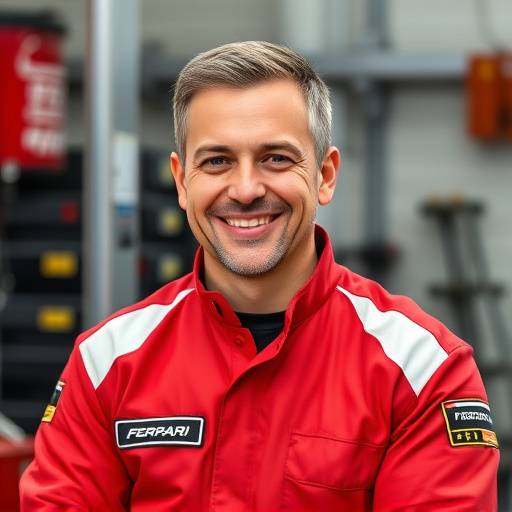 Marco Ferrari, Chief Technician, wearing a mechanic's uniform and smiling