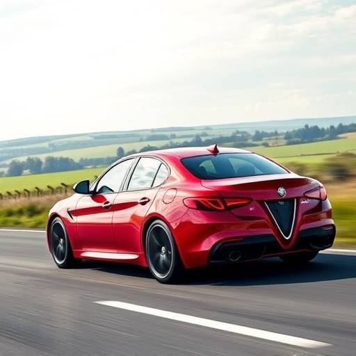 Red Alfa Romeo Giulia Quadrifoglio speeding on a countryside road
