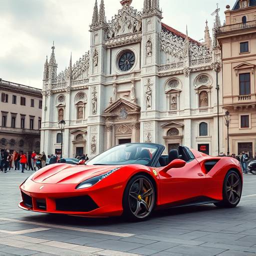 Red Ferrari 488 Spider parked in front of the Duomo di Milano