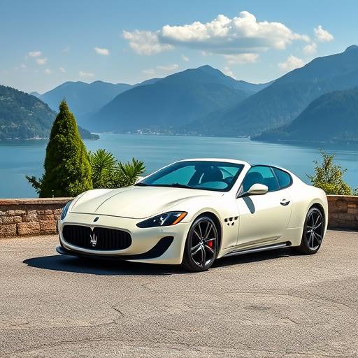 White Maserati MC20 parked at a scenic overlook near Lake Como