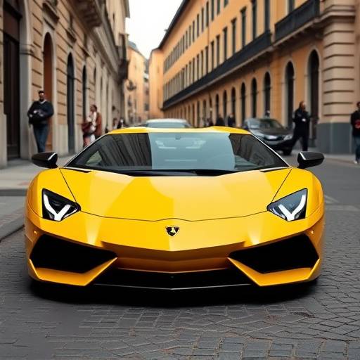 Yellow Lamborghini Aventador parked on a cobblestone street in Milan